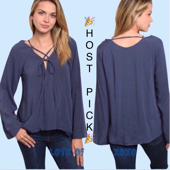 Tops - Navy Blue Drape Front Lace Up Tie Long Sleeve Top